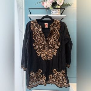 Salad Brand Embroidered Boho Tunic Top Black Gold Beaded Boutique Size L
